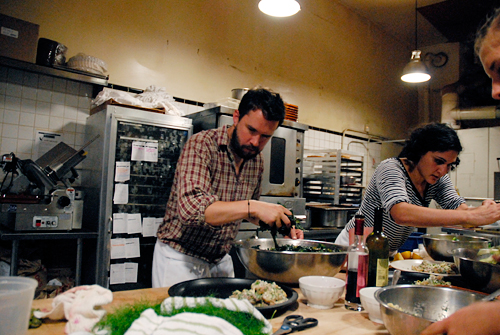 Daniel Klein and Samin Nostrat cook dinner at Tartine Bakery in San Francisco. Photo by Wendy Goodfriend