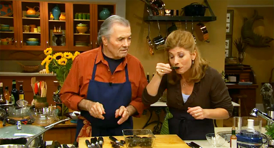 Chef Jacques Pepin on the set of Essential Pepin with his daughter, Claudine demonstrates to how to clean mussels.