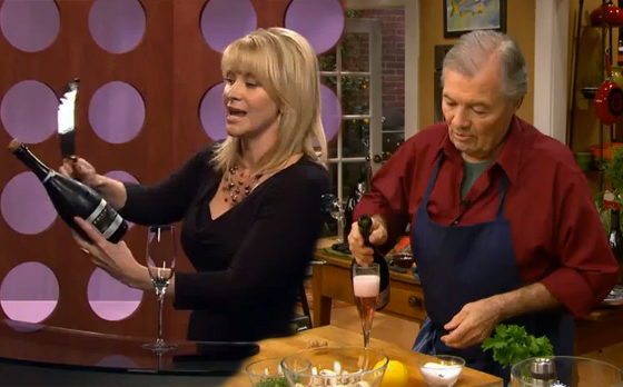 Leslie Sbrocco and Jacques Pepin share techniques for opening champagne