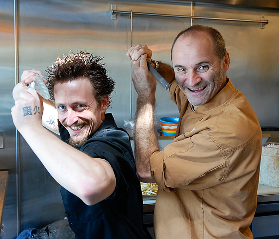 Chefs MikeC and Olivier Said clowning around in the kitchen.