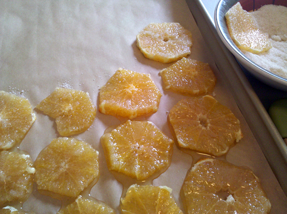 Sliced oranges on tray