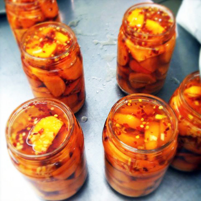 Persimmon-ginger-chile preserves ready for canning.