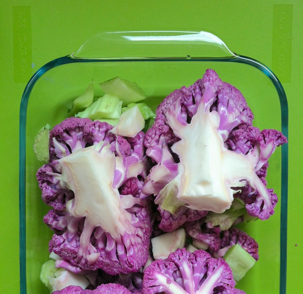 purple cauliflower in baking dish