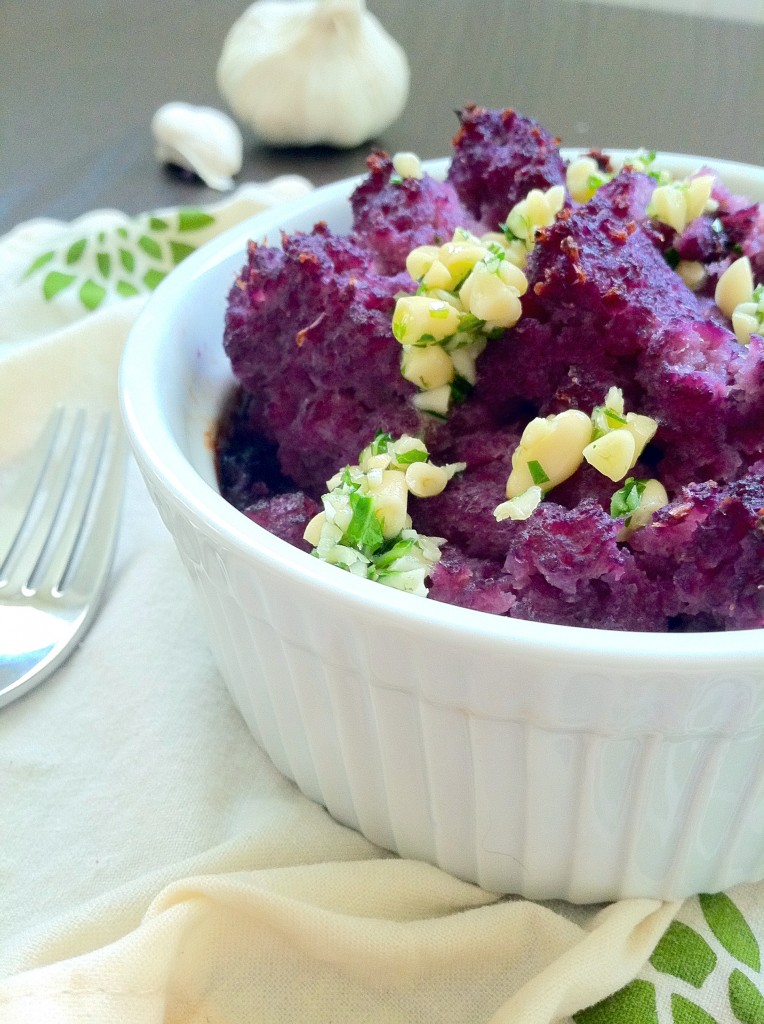 Purple Cauliflower Mashed Potatoes with Pesto