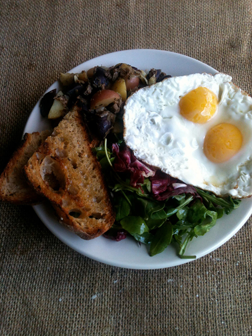 Fried eggs, toast and corned beef hash at Rogue Cafe