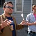 District 9 supervisor David Campos and Caleb Zigas- address media on SF Street Food tour. Photo: Wendy Goodfriend