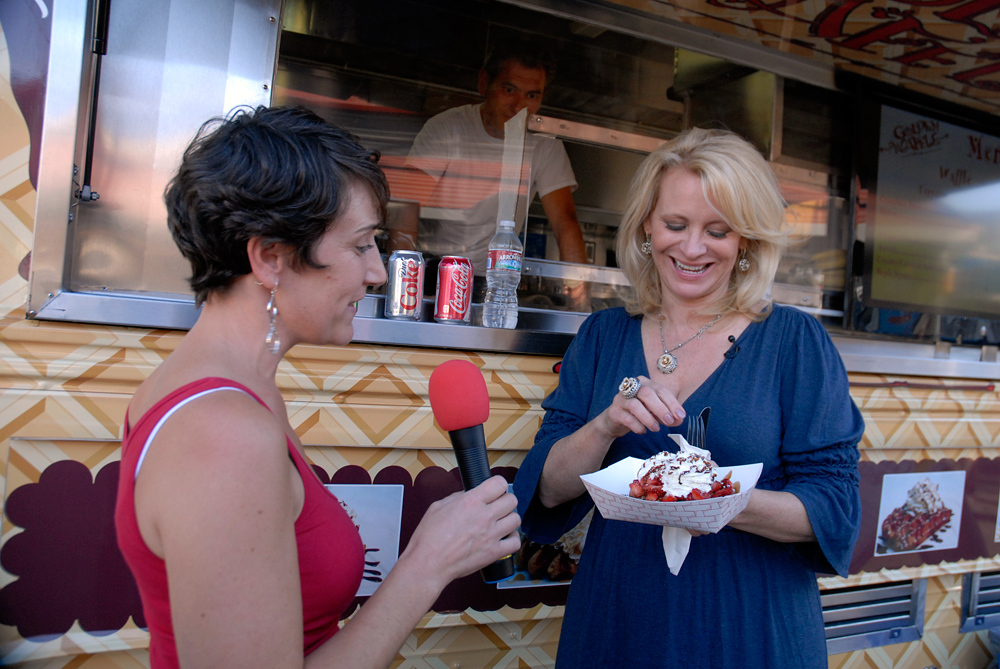 Leslie Sbrocco trying some Golden Waffles at SoMa StrEat Food Park KQED event