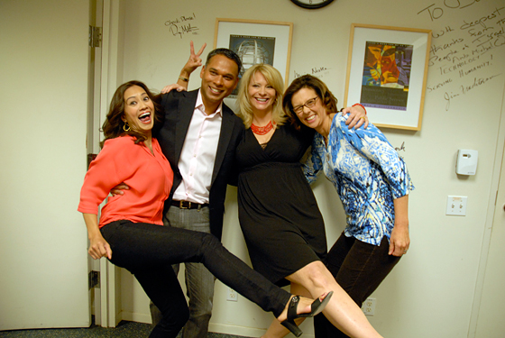 Guests and host Leslie Sbrocco in greenroom after taping episode 712 of Check, Please! Bay Area at KQED.