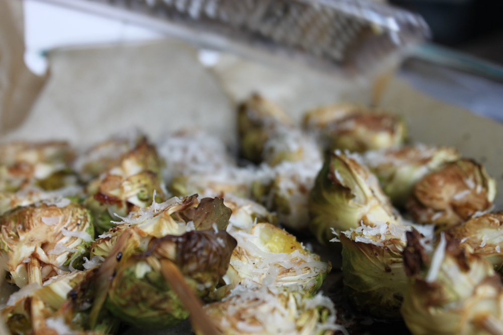 Shaved Parmesan on Balsamic-Roasted Brussels Sprouts