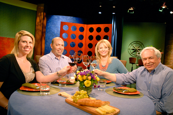 Guests and host Leslie Sbrocco taping episode 710 of Check, Please! Bay Area at KQED. Photo: Wendy Goodfriend
