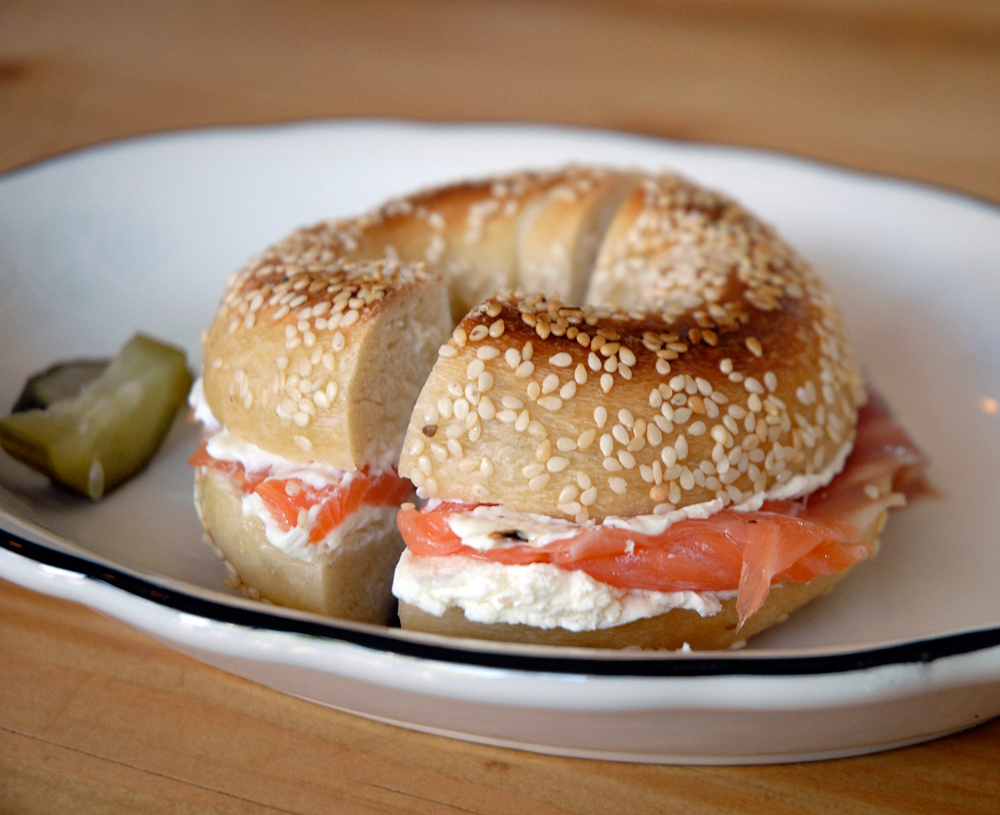 Sesame bagel with Scottish-salmon lox, cream cheese, onions, capers and housemade pickles