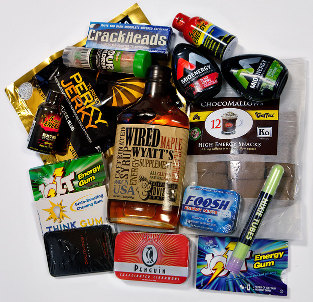 The contents of a box of some of the new foods containing caffeine collected by the Center for Science in the Public Interest. Photo: Karen Castillo Farfán/NPR