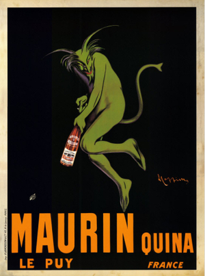Often mistaken as an ad for absinthe, this 1906 poster actually promotes Maruin Quina, a French aperitif made with white wine infused with cherries, citrus and quinine. Painting by Leonetto Cappiello/Wikimedia Commons