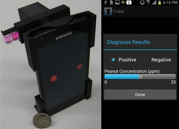 The iTube platform, left, uses colorimetric assays and a smartphone-based digital reader to detect potential food allergen. A screen capture of the iTube App appears on the right. Photo: UCLA