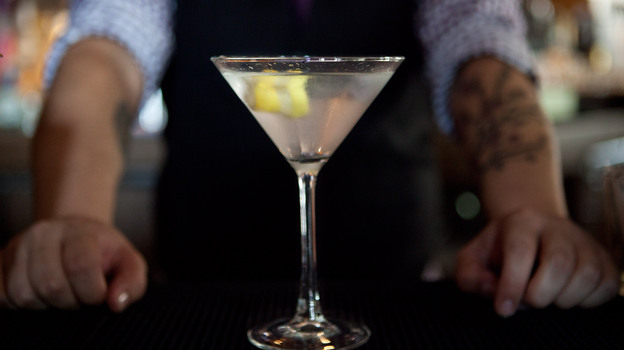 Shaken with splash of malaria drug, please. The original James Bond martini is made with gin, vodka and Kina Lillet, a French aperitif wine flavored with a smidge of the anti-malaria drug quinine. Photo: Karen Castillo Farfan/NPR