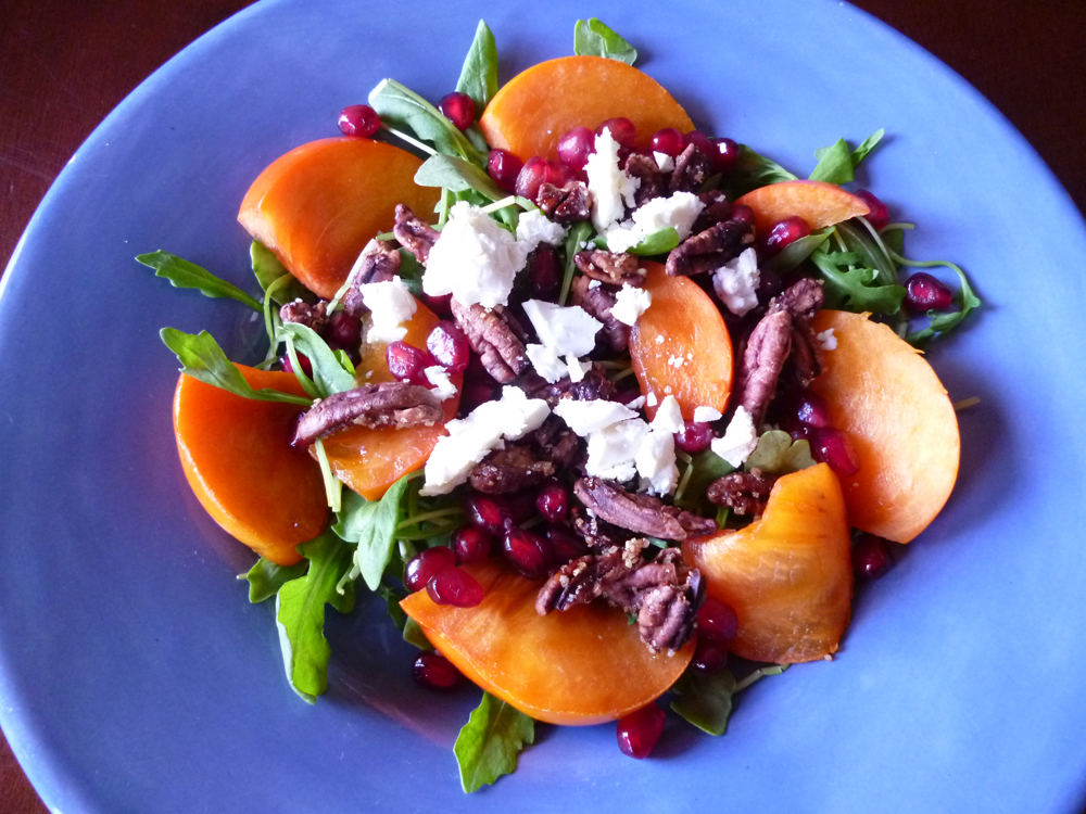 Persimmon, Pomegranate, Pecan Salad with Goat Cheese