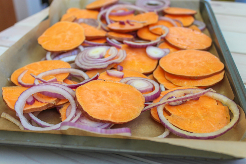 Roasting Sweet Potatoes and Red Onions