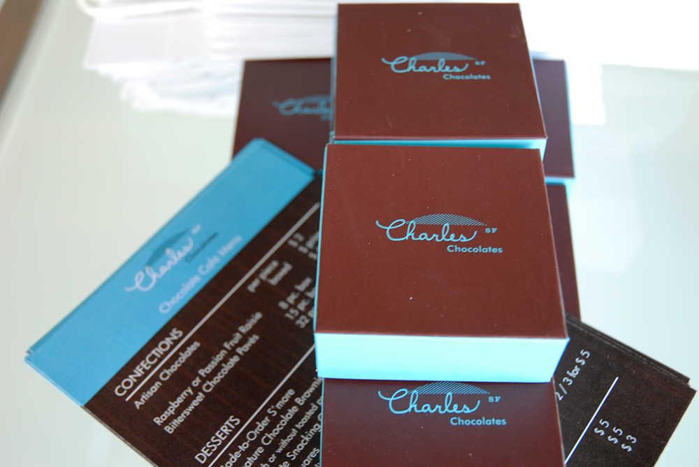 Charles Chocolates menus and boxes
