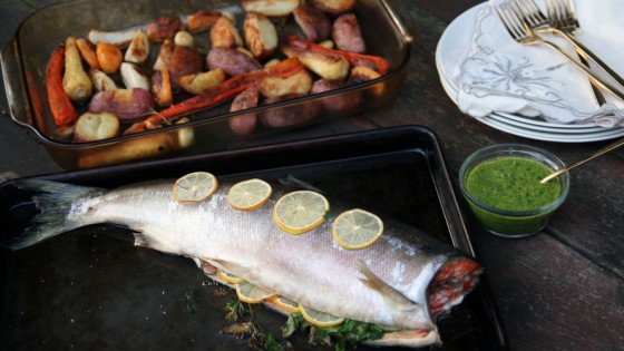 This version of the "Sunday roast" features salmon with salsa verde. Photo: Deena Prichep for NPR