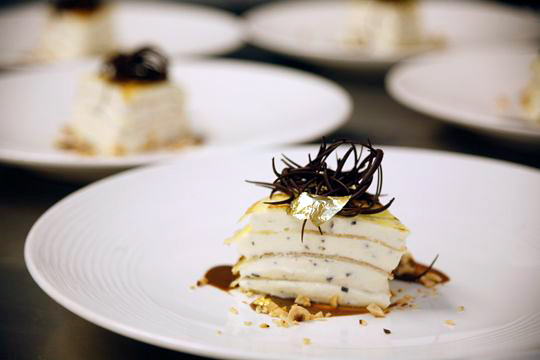 Truffled Mascarpone Crepe Cake with Sherry Brown Butter Sauce Prepared by Deborah Yee-Henen, La Toque, and Nicole Plue, side show by Nicole Plue Photo: Faith Echtermeyer
