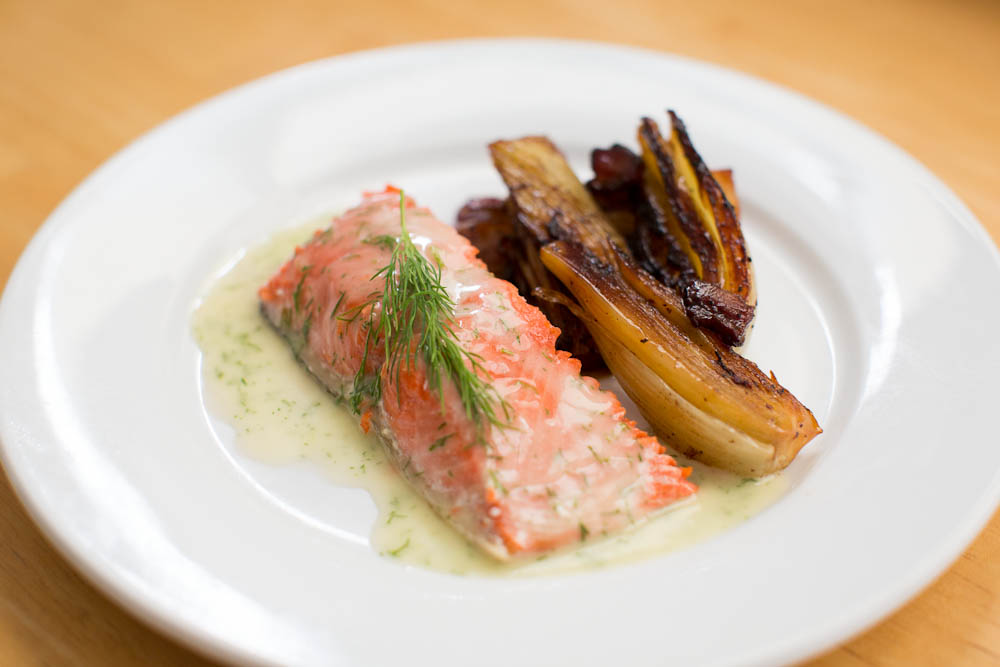 Salmon with dill beurre blanc and braised fennel