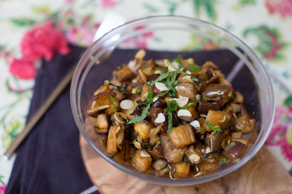Roasted Eggplant Salad with Almonds, Feta, and Mint