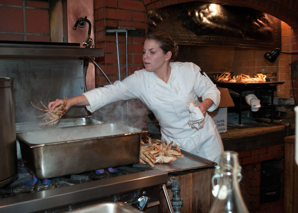 Danielle Alvarez cooks Dungeness crab downstairs at Chez Panisse. Photo: Naomi Fiss