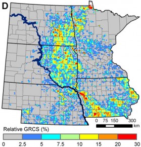 Hot spots of grassland conversion: This map shows the percentage of existing grasslands that were converted into corn or soybean fields between 2006 and 2011. Photo: Christopher K. Wright/South Dakota State University