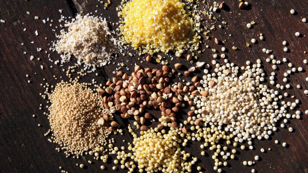 Grains well-suited for porridge include (clockwise from top) polenta, quinoa, millet, amaranth, oat bran and buckwheat. Photo: Deena Prichep for NPR