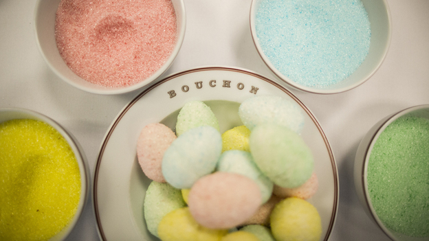 Marshmallow eggs made with homemade flavored sugar are a colorful treat at Thomas Keller's Bouchon Bakery in Beverly Hills, Calif. To make them, pipe homemade marshmallow into hollow plastic eggs. Photo: Doriane Raiman for NPR