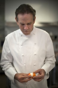 Thomas Keller demonstrates how to prepare and open his recipe for his marshmallow eggs at his Bouchon Bakery in Beverly Hills. Photo: Doriane Raiman for NPR