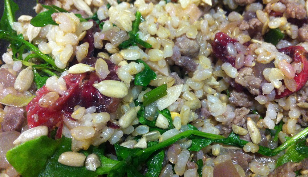 I've made this brown rice and ground turkey dish with sauteed red onion, spinach, fresh or dried cherries and cashews before and think it would be a great burrito filling.