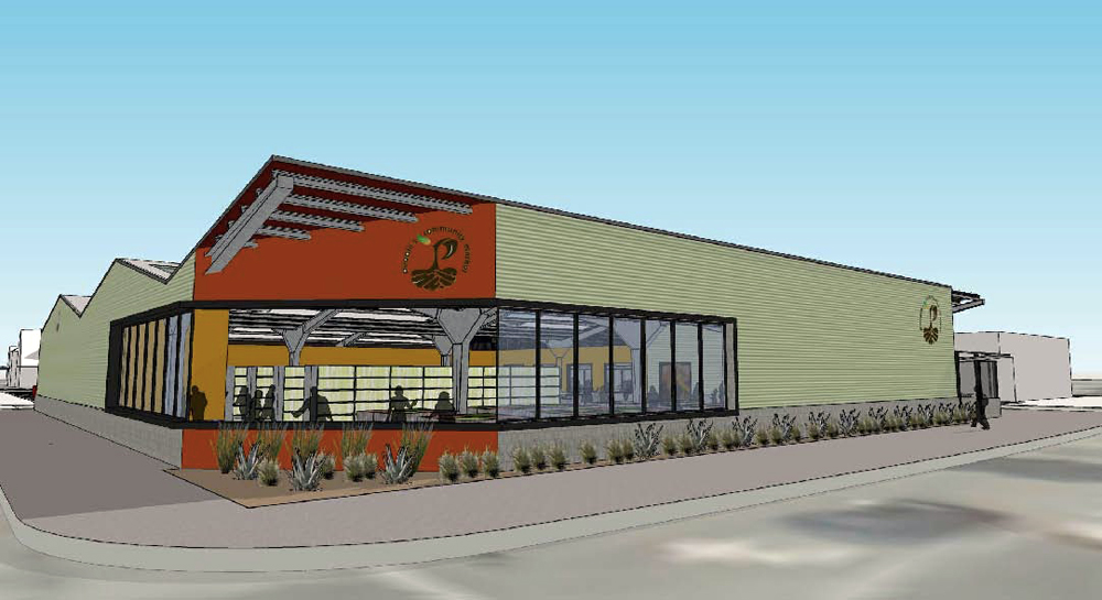 The proposed People's Community Market is a 12,000 square foot corner supermarket about the size of a typical Trader Joe's. Rendering: Lowney Architecture