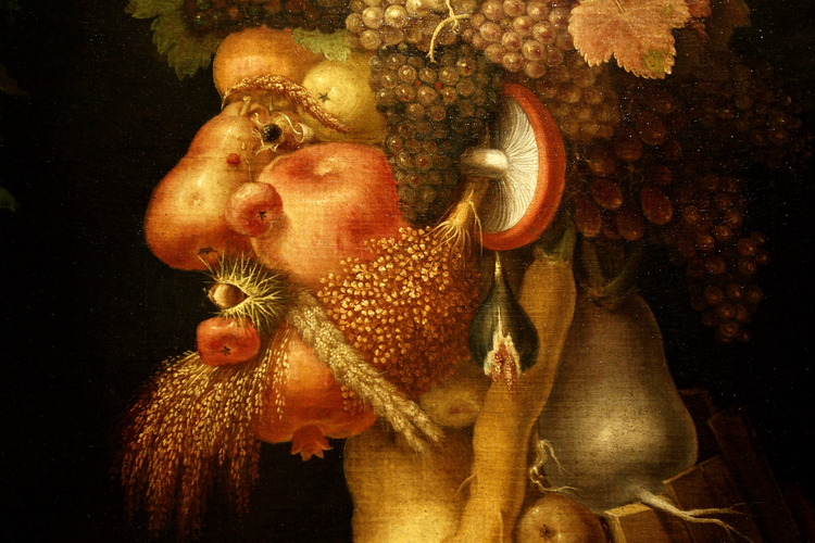 Detail of <em>The Autumn,</em> a painting of a man made of food by 16th century Italian painter Giuseppe Arcimboldo. Photo: Vittorio Zunino Celotto/Getty Images