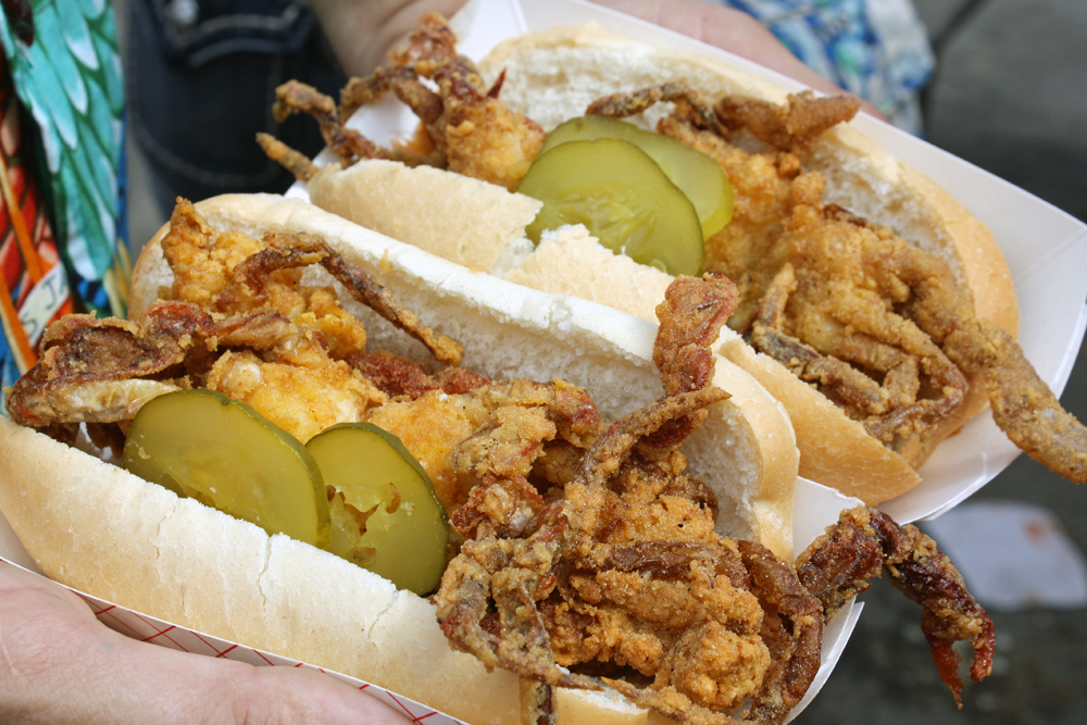 These soft shell crab po' boys are made with crabs from throughout the Gulf of Mexico region, including Lake Pontchartrain, Hopedale, La., and Florida. Photo credit: Tilde Herrera