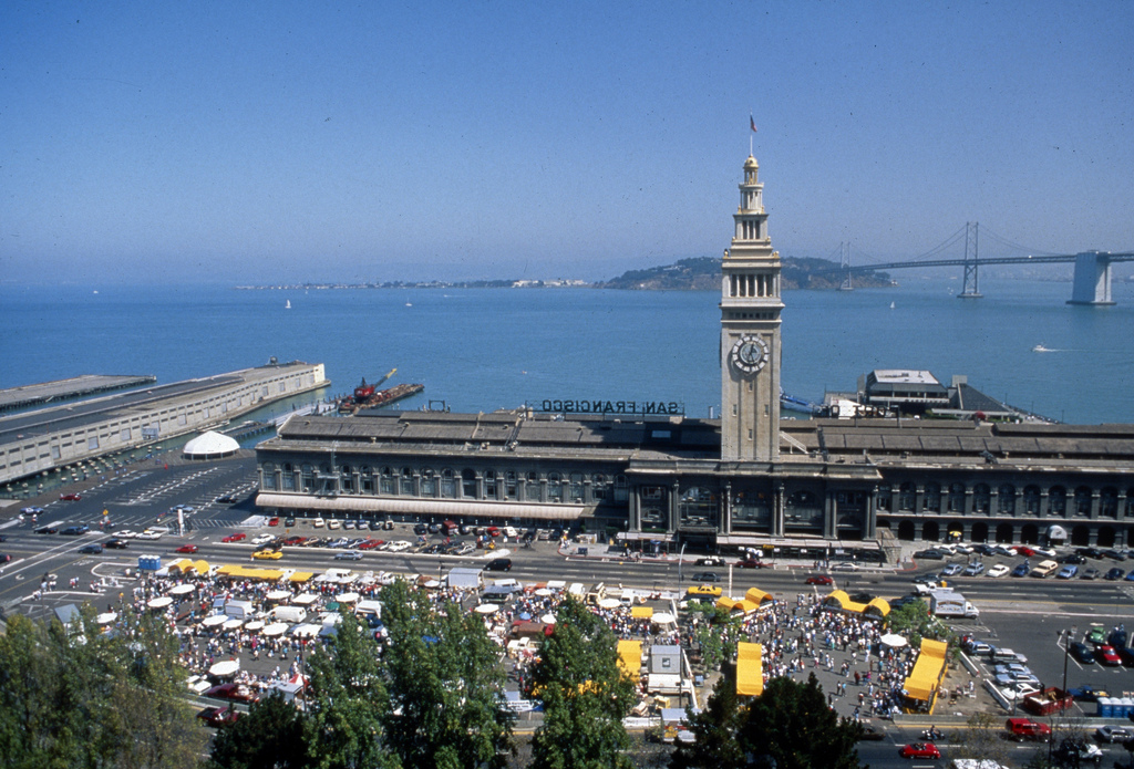 Aerial view of an early Ferry Plaza Farmers' Market across from the Ferry Building. Photo: Courtesy of CUESA