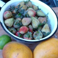green strawberries, mangos, lime