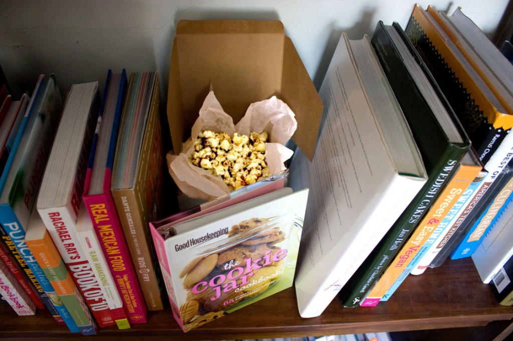 Mom's Posh Porcini Popcorn stashed behind the cookbooks. Photo: T. Susan Chang for NPR