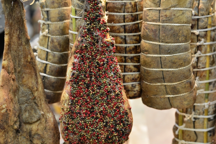 Various types of pancetta, bacon made from pork belly, on display in Turin, Italy. Unlike the American variety, which is smoked, Italian pancetta is cured in salt and spices. Photo: Giuseppe Cacace/AFP/Getty Images