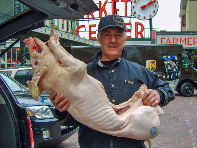 William von Schneidau, who owns the BB Ranch butcher shop at Pike Place Market in Seattle, has made prosciutto from pigs fed marijuana. Photo: Courtesy of BB Ranch