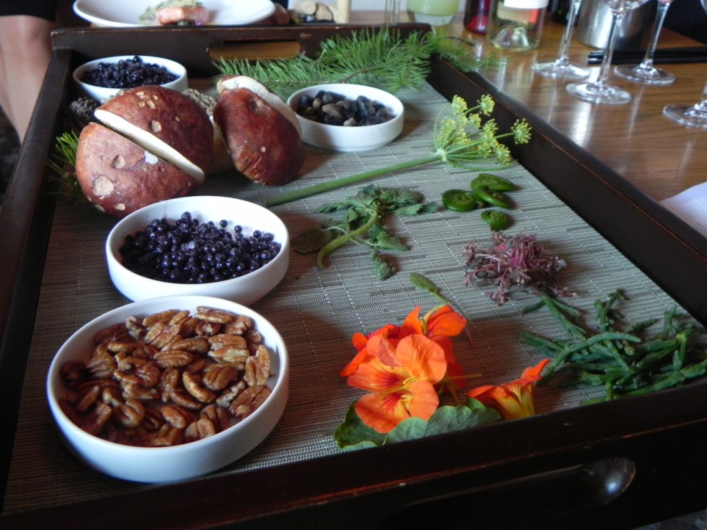 A display of wild foods gathered by Chef Kory Stewart and foraging expert Connie Green.