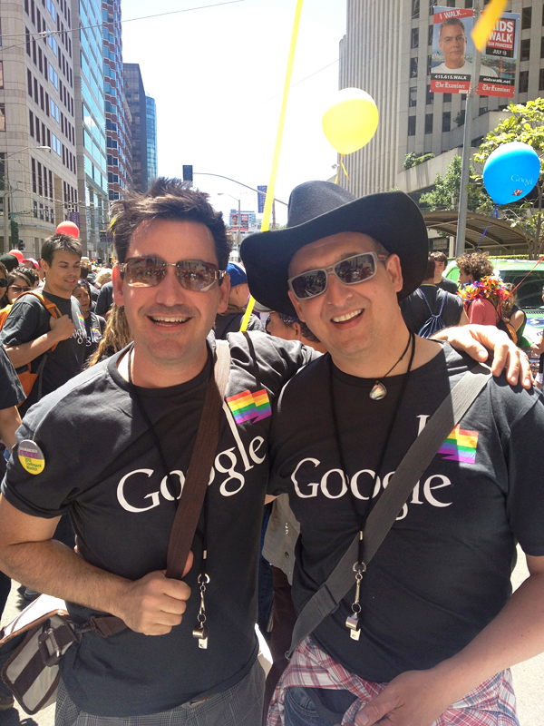 Joel Riddell and Robert Moon with Google contingent at San Francisco Pride Parade. Photo courtesy of Joel Riddell