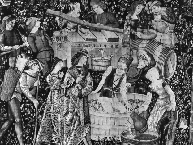 This French tapestry depicts noblemen and women treading and pressing grapes to make wine circa 1500. By then, the French had already been making wine for at least 2,000 years. Photo: Hulton Archive/Getty Images