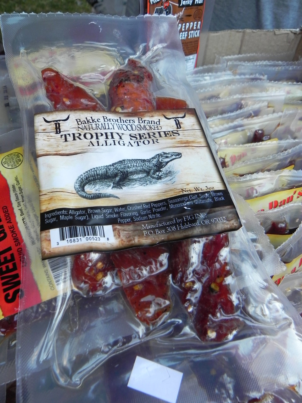 Alligator Jerky was one of the more exotic items at the food booths.   These alligators aren’t locals. The company ships them in from Louisiana. Photo: Gina Scialabba