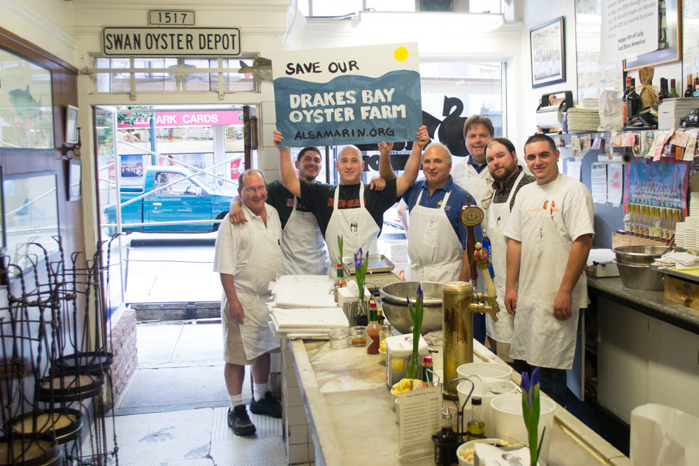 The Swan Oyster Depot Crew: L to R: Jimmy, Marino, Kevin, Steve, Guy, Erik and Darin. Photo: Sara Bloomberg