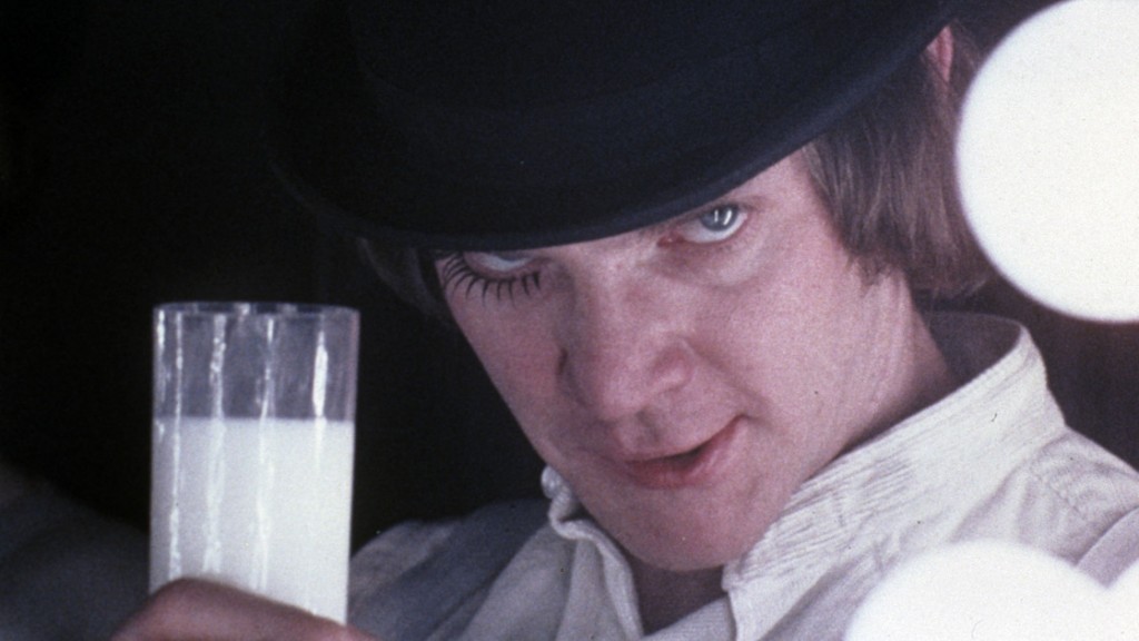 Food can tell us a lot about characters and worlds — this glass of milk reminds us that <em>A Clockwork Orange</em>'s Alex is only a child. Photo: Warner Bros.