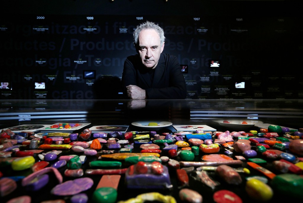 Catalan chef Ferran Adrià poses with plasticine models of his food on display at Somerset House in London. A new exhibit looks back at the influential modernist chef and his landmark restaurant, El Bulli. Photo: Matthew Lloyd/Getty Images for Somerset House