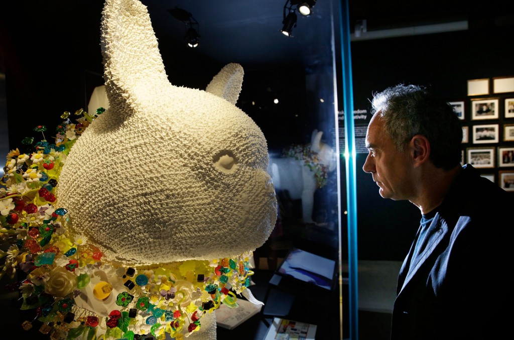 Ferran Adrià looks at a giant French bulldog made out of meringue, part of the exhibit "El Bulli: Ferran Adrià and The Art of Food Photo: Matthew Lloyd/Getty Images for Somerset House