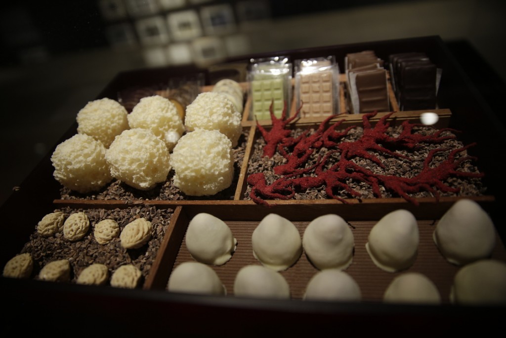 The museum exhibit includes a replica of a box of 17 different kinds of elaborately produced chocolate bon-bons served at the end of each multi-course meal at El Bulli. Photo: Matthew Lloyd/Getty Images for Somerset House