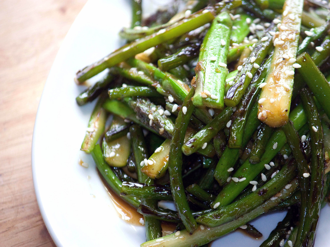 Sesame Ginger Scapes And Asparagus. Photo: T. Susan Chang for NPR